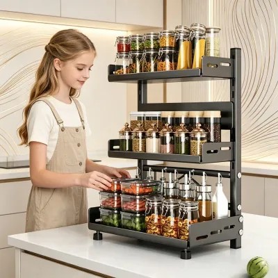 3 Tier Rustproof Metal Spice Rack Adjustable Countertop Cabinet Organizer Black Kitchen Storage Shelf Freestanding Seasoning