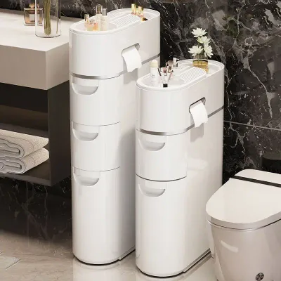 Slim Waterproof Plastic Storage Cabinet 5-Drawer Narrow Bathroom Organizer Large-Capacity Floor Tower with Wheels No Install