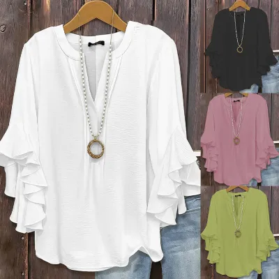 Women's V Neck Ruffle Sleeve Blouse Split Neck Layered Flare Cuff Casual Loose Chiffon Tops for Woman Clothing