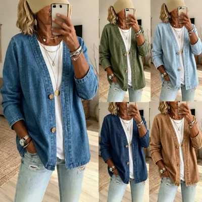 Women Spring Autumn Denim Cardigans Jackets Ladies Long Sleeve Single Breasted Casual Jean Coats
