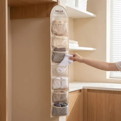 Home Organizer Behind Door Hanging Bag Wall-mounted 7 Grid Underwear Storage Bag Multi-Pocket Mesh Hair Accessory Bag Dormitory