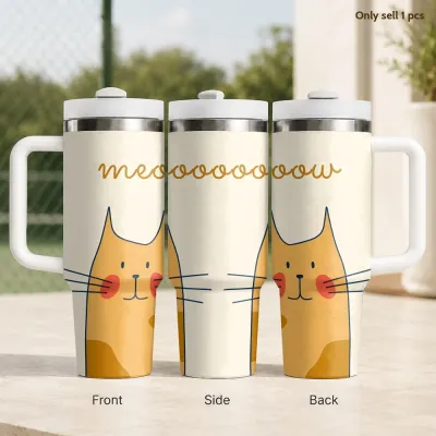 Cat Peeking Sneaky Cute Vacuum Flasks 40oz Stainless Steel Insulated Tumbler with Handle Straw Leakproof Cup Daily Travel Mug