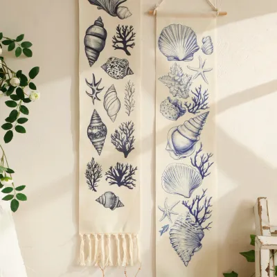 1pc Boho Coastal Seashell Wall Hanging Tapestry,Cotton Banner with Fringe,Nautical Beach Home Decor for Living Room Bedroom Gift