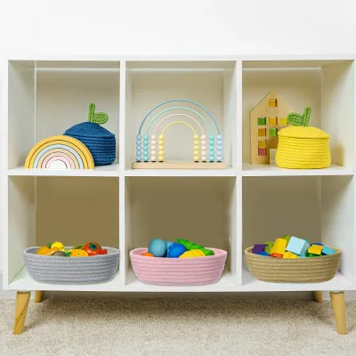 Oval Small Cotton Rope Woven Storage Basket, Shelf Closet Storage Gift Woven Baskets Cute Nursery Box Bin Decor for Home Supply