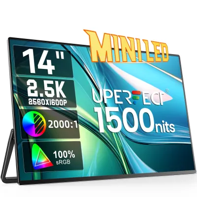 UPERFECT 14" Mini LED Portable Monitor Gaming 1500 Nits 2560x1600 HDR HDMI USB-C Travel Screen External Display For Laptop Mac