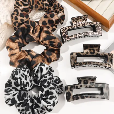 Leopard Scrunchies and Hair Claw Clips Set,Silk Hair Ties Big Banana Clips for Women Thin Hair,Hair Accessories