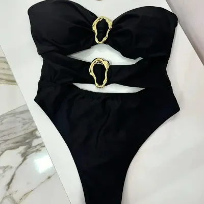 3 Colors Sexy Metal Rings Cut Out Women Swimwear One Piece Swimsuit Female Bandeau High Leg Cut Bather Bathing Suit Swim B022D