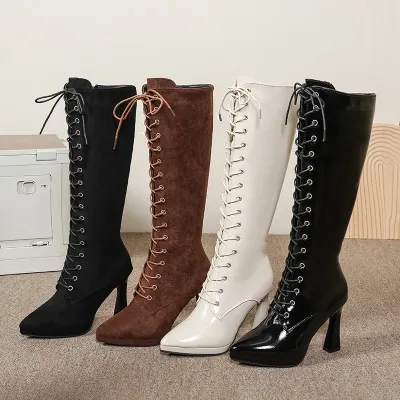 Fall Winter New Long Tube Women's Front Lace-Up Side Zipper Tall Boots Retro Motorcycle Boots