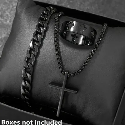 Cross-Style Accessories Set Bracelet Necklace Ring 3 Pieces Stainless Steel Elegant Suitable Both Men Women Fashionable Gift Set