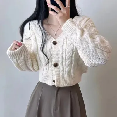 Cable Knit Crop Cardigan Sweater for Women Long Sleeve Button-up Boxy-fit Crop Sweater Jacket Teen-girl Fall Winter Y2K Outfit