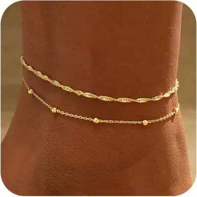 2 PCS 4K Gold Plated Anklets for Women Waterproof Twists Link Anklet Beaded Bracelets Stackable Bracelets Summer Jewelry Gifts