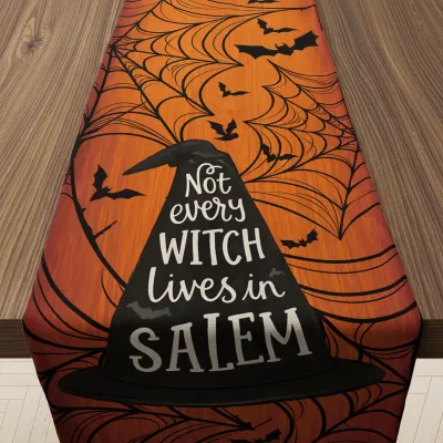 Halloween Table Runner, Witch Hat Salem Quote Spider Web Bat Print Table Decor, Orange Wood Grain Long Tablecloth For Halloween