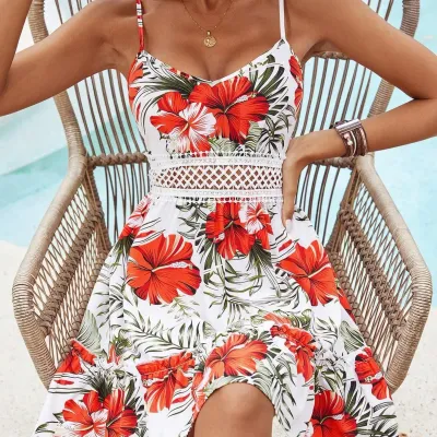 Women's Floral Print Lace Hollow Out Strapless Dress - Sleeveless Summer Boho Beach Maxi Dress