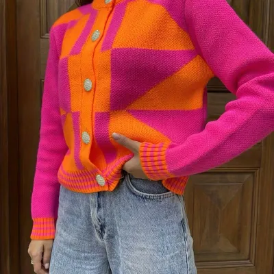 Women's Plaid Colorblock Cardigan Plus-Size Top, Elegant and Suitable for Workwear, Knit Sweater for Spring and Autumn