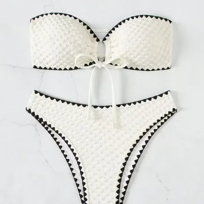 Swimwear White 2 Piece Strapless Swimsuit for Women Sexy Bandeau Backless Bikini Set Lace-up Patchwork Bathing Suit 2025 New
