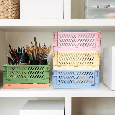 Foldable Plastic Storage Baskets with Handles Stackable Organization Bins Versatile Suitable for Desks Offices and Bedrooms