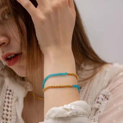 Stainless Steel PVD Gold Plated Tarnish Waterproof Layered Blue Beads Bracelet For Woman Jewelry Wholesale INS
