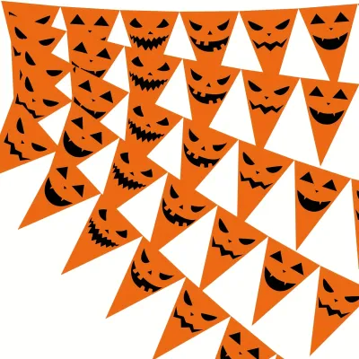 Spooky Halloween Triangle Pennant Banner Orange Pumpkin Face Paper Flag Garland Holiday Party Background Decor