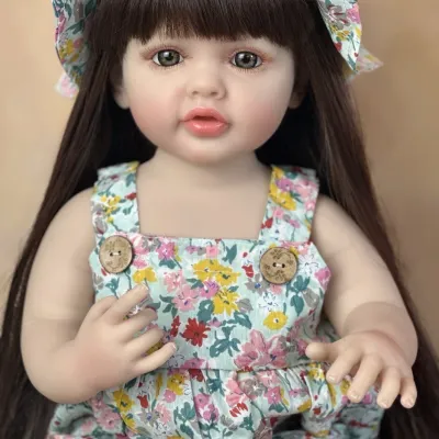 22Inch Cuddly Full Body Silicone Vinyl Bebe Reborn Girl With Long Hair Handmade Lifelike Realistic Reborn Baby Girl Birthday Toy