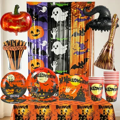 Halloween Disposable Tableware Set Pumpkin Ghost Paper Plates Cups Napkin Tablecloth Foil Balloon Tinsel Curtain Halloween Decor
