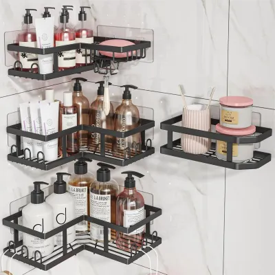 Corner Shower Caddy with Soap Holder, No Drilling Adhesive Shower Shelves, Rustproof Organizer for Bathroom, Black 4-Pack