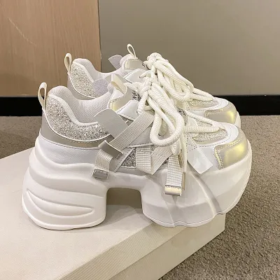 2024 New Women Spring Chunky Sneakers Thick Bottom Leather Shoes High Platform Vulcanize Shoes Bling Casual Sports Dad Shoes 7CM