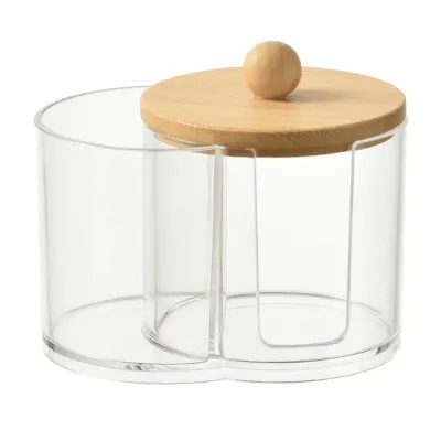New Clear Cotton Swab Box Transparent Dual Compartments Cotton Balls Organizer Acrylic with Bamboo Lid Storage Container