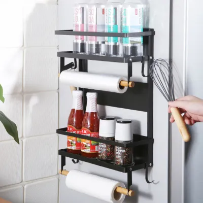 Stainless Steel Magnetic Folding Rack  Fridge Side Organizer Box  Wall-Mount Spice Shelf  Anti-Fall Plastic Wrap Holder
