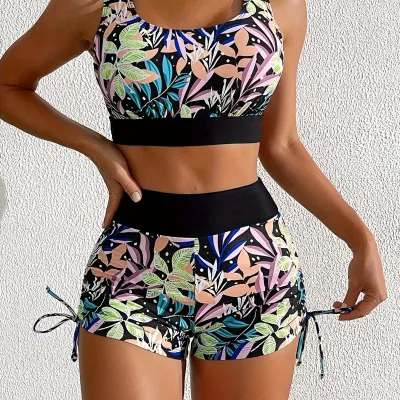 Women's two-piece leaf print high waisted bikini set