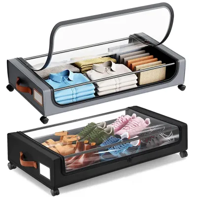 Rolling Under Bed Storage Container with Lid with Wheels Clothes Book Organizer Drawer for Dorm Home Bedroom Towel Comforter