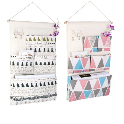 5 Pockets Wall Mounted Bag Waterproof Bedroom Home Storage Hanging Pocket with 2 Hooks Cotton Linen Fabric Sundries Organizer