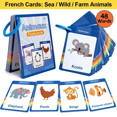 25Pcs French Sea/Wild/Farm Animals Vocabulary Educational Cards for Kids Preschool Classroom Cognitive Flashcards Teaching Aids