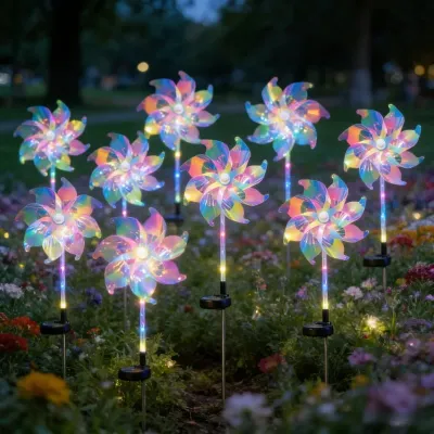 2pc New Solar Powered LED Pinwheel Garden Stake Light, Waterproof Outdoor Decorative Windmill Lights for Lawn Patio Yard Pathway