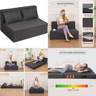 Convertible Sleeper Chair with Pillow, Washable Cover, Suitable for Living Room, Dorms, and Guest Rooms, Standard Size, Grey