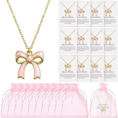 12PCS Enamel Bow Necklace Set Bridesmaid Gift Gold Chain Pink Pendant with Organza Bag Wedding Party Favor Jewelry for Women