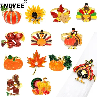 8Pcs Thanksgiving Napkin Rings Pumpkin Maple Leaf Squirrel Turkey Napkin Holder Gold Serviette Buckles for Fall Table Decoration