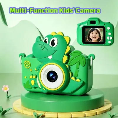 Dual Lens Kids Digital Camera Cartoon Green Dinosaur HD Shooting Video Recording 128G Portable Toy Camera Children Birthday Gift