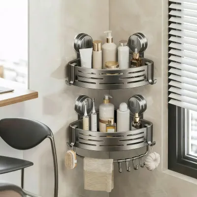 Corner Shower Caddy with Suction Cups, No-Drill Shower Shelf for Corner – Bathroom Organizer Storage Rack, Heavy Duty Adhesive S