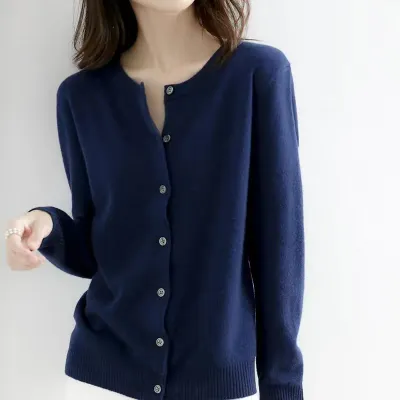 Women's round neck loose fitting slimming cardigan sweater, spring and autumn knitted cardigan, solid color versatile top