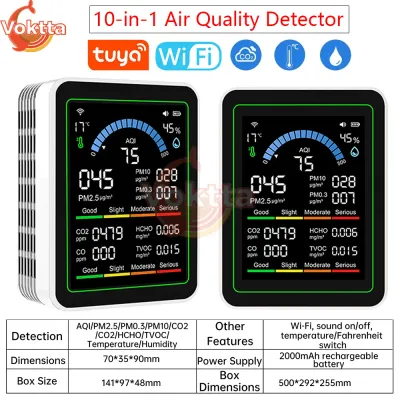 Tuya WiFi 10-in-1 Air Quality Detector CO2 Monitor PM0.3 PM1.0 PM2.5 PM10 Formaldehyde Detector Temperature and Humidity Meter