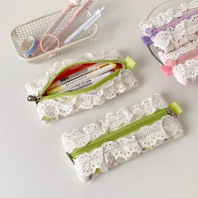 Lace Pencil Case for Student Girl Ruffle Cute Korean Makeup Stationery Organizer Bag Portable Pouch Back To School Kawaii Gift