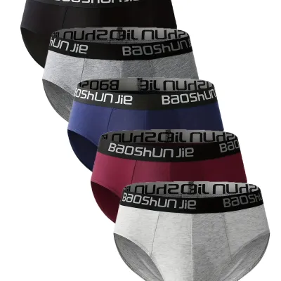 5-Pack Men's Pure Cotton Briefs - BAOSHUNJIE Waistband, Multi-Color, Soft Breathable Underwear for Daily Comfort