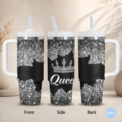 Queen Crown Design Vacuum Flasks 40oz Stainless Steel Insulated Tumbler with Handle Straw Lid Leakproof Travel Mug