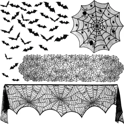 ZeeDix 39 Pcs Halloween Decorations Set Black Lace Spiderweb Tablecloth
