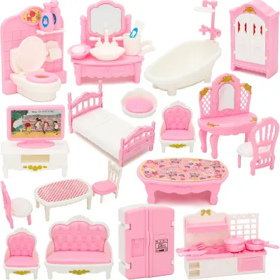 Pink Miniature Dollhouse Furniture Accessories Set Mini House Furniture Room Collection with Bedroom Living Room Kitchen Bathrom