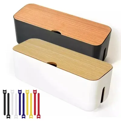 Bamboo plastic cable storage box cover, wire storage with power strip, wire, charger, home office, desk management