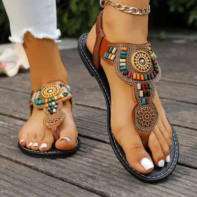 Bohemian Style Colorful Beaded Flat Sandals Women 2026 Summer Clip Toe Roman Sandals Woman Plus Size Non Slip Beach Flip Flops