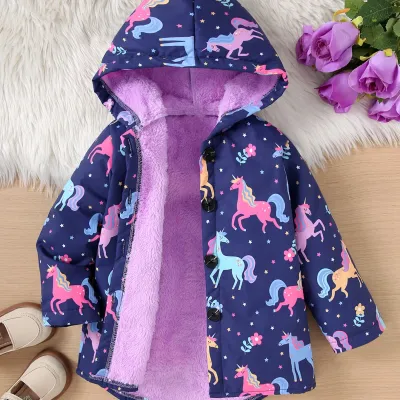 Autumn/Winter Fleece Warm And Cold Proof Girls' Colorful Printed Hooded Jacket For Casual Outings Medium To Long Length Jacket