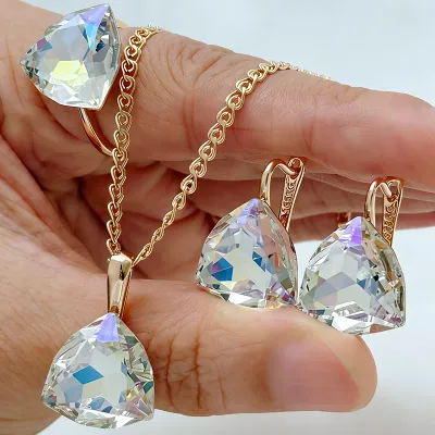Kienl Hot Triangle Colorful Natural Zircon Ring Earrings Necklace for Women Exquisite 585 Rose Gold Color Wedding Jewelry Stes