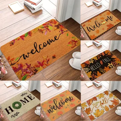 Autumn Theme Door Mat Various Fall Patterns Like Maple Leaves Pumpkins and "Welcome" Letters Non - Slip Floor Mat for Home Decor